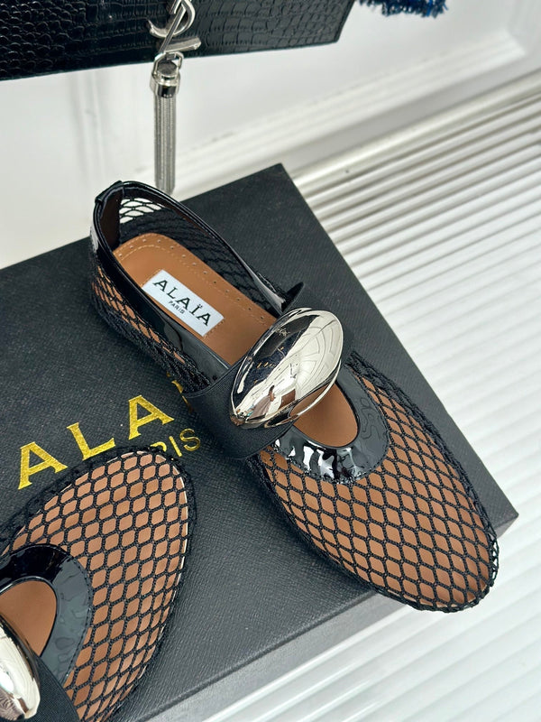 ALAIA MARY JANE SHOES IN BLACK MESH WITH SILVER HARDWARE