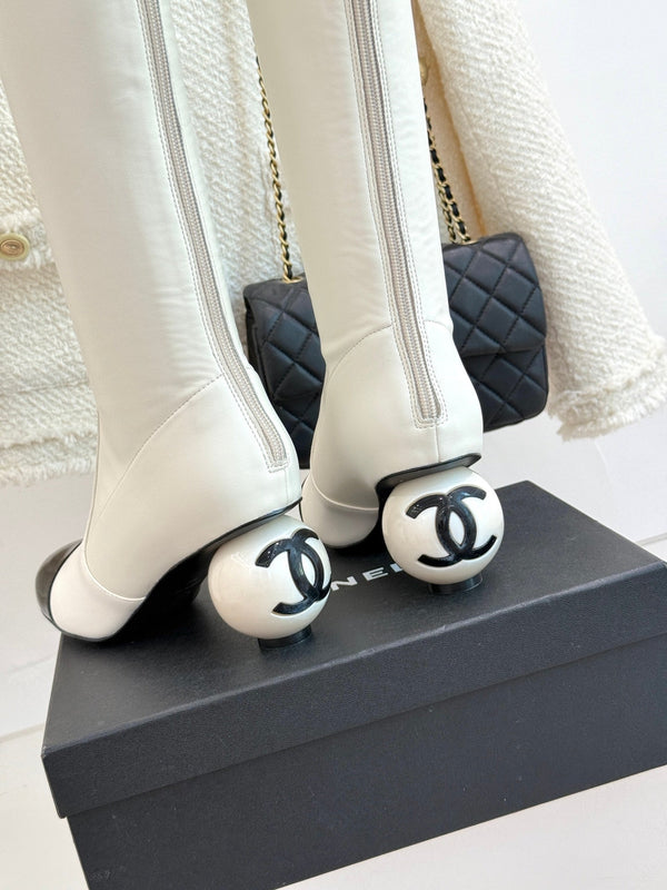 Chanel 25 Double C Giant Pearl Heel Long Boot White Black Sheepskin 465412