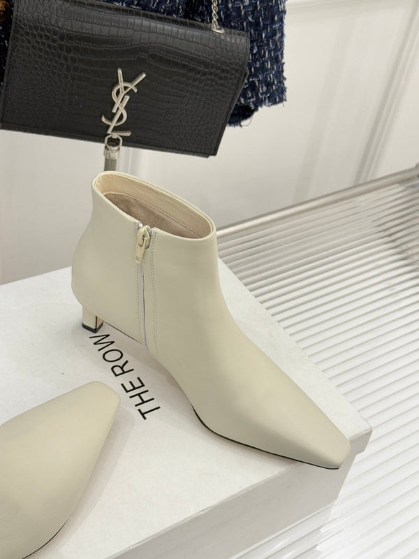 The Row 2025 Square Toe Kitten Heel Ankle Boot Cream Sheepskin 572053