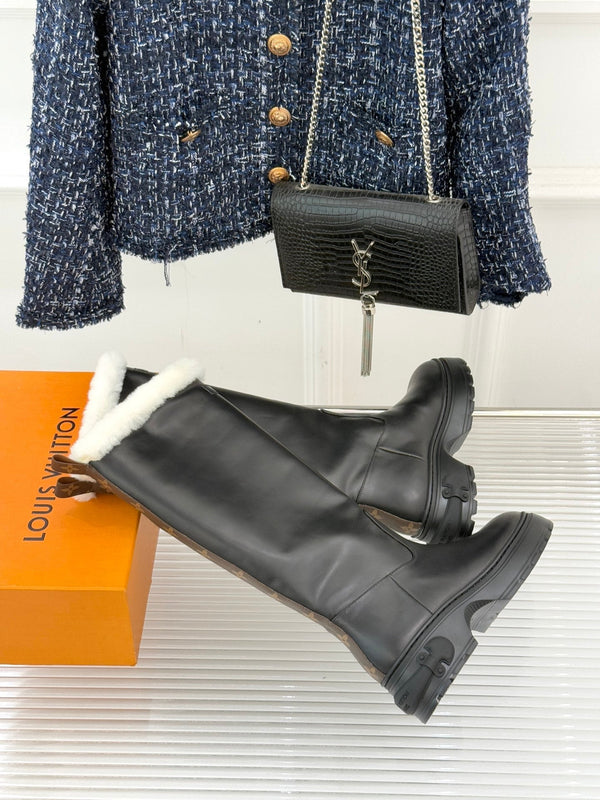 LV Squad High Boot Black Cowhide White Shearing 572463