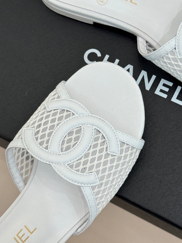 CC Openwork Slippers White Mesh Lambskin 825758