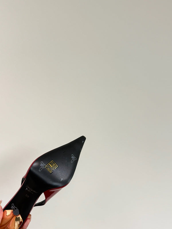 ORANGE GEM-STUDDED SLINGBACK PUMPS IN RED PATENT CALFSKIN