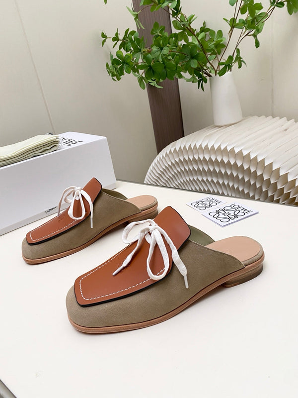 LW 26s Flat Mules In Brown Khaki Calfskin And Suede