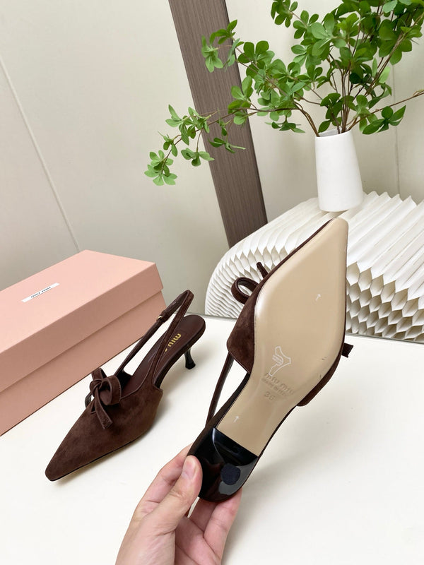 Miu 26s Slingback Pumps 55mm In Dark Brown Suede With Bow
