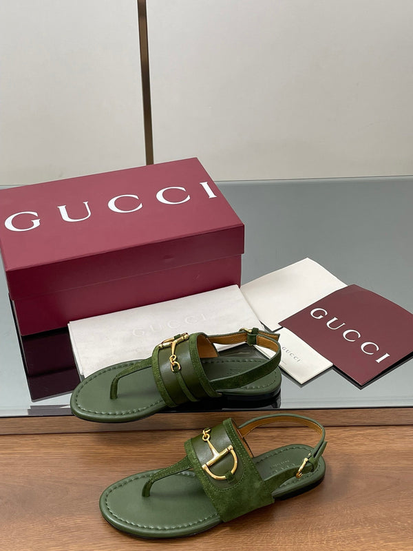 GG Horsebit Thong Flat Sandals Olive Green Sheepskin Suede 646470