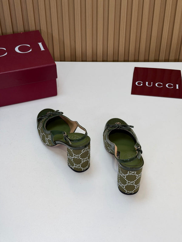 GG 26s Embellished Slingback Pumps 8CM Green Denim 997169