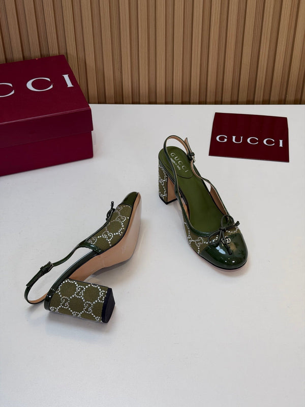 GG 26s Embellished Slingback Pumps 8CM Green Denim 997169