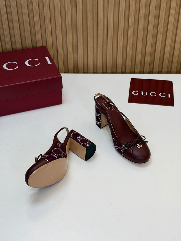 GG 26s Embellished Slingback Pumps 8CM Burgundy Velvet 997163