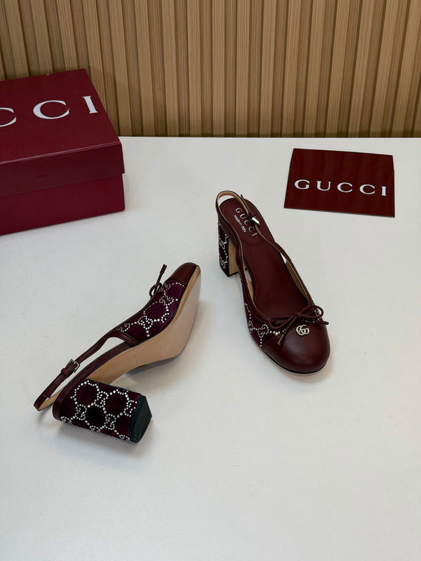 GG 26s Embellished Slingback Pumps 8CM Burgundy Velvet 997163