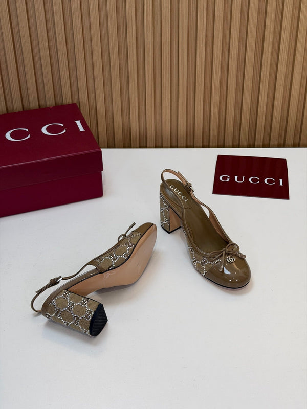 GG 26s Embellished Slingback Pumps 8CM Light Brown Denim 997170