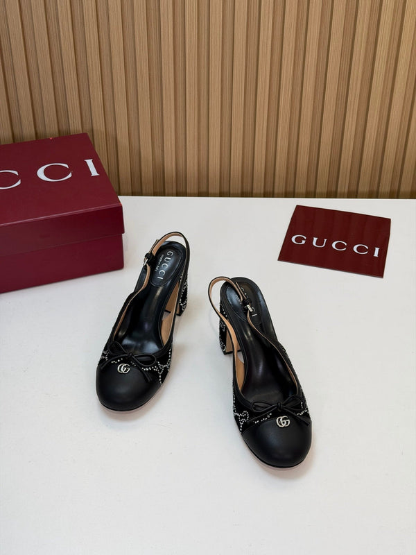 GG 26s Embellished Slingback Pumps 8CM Black Velvet 997166