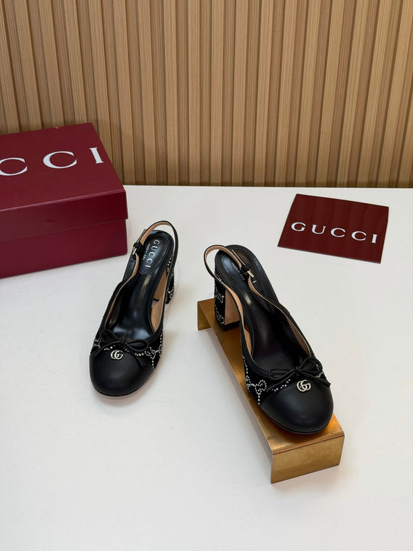 GG 26s Embellished Slingback Pumps 8CM Black Velvet 997166
