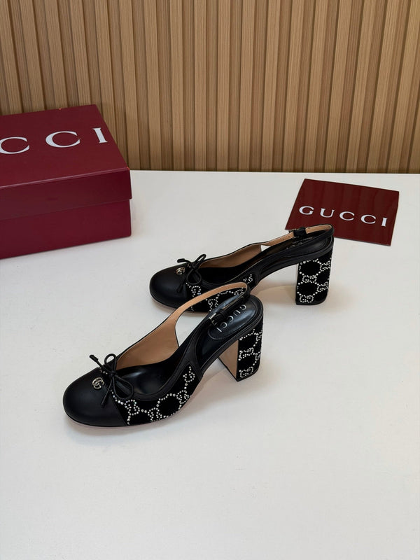 GG 26s Embellished Slingback Pumps 8CM Black Velvet 997166