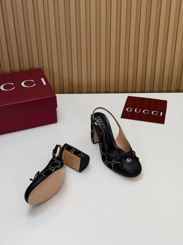 GG 26s Embellished Slingback Pumps 8CM Black Velvet 997166