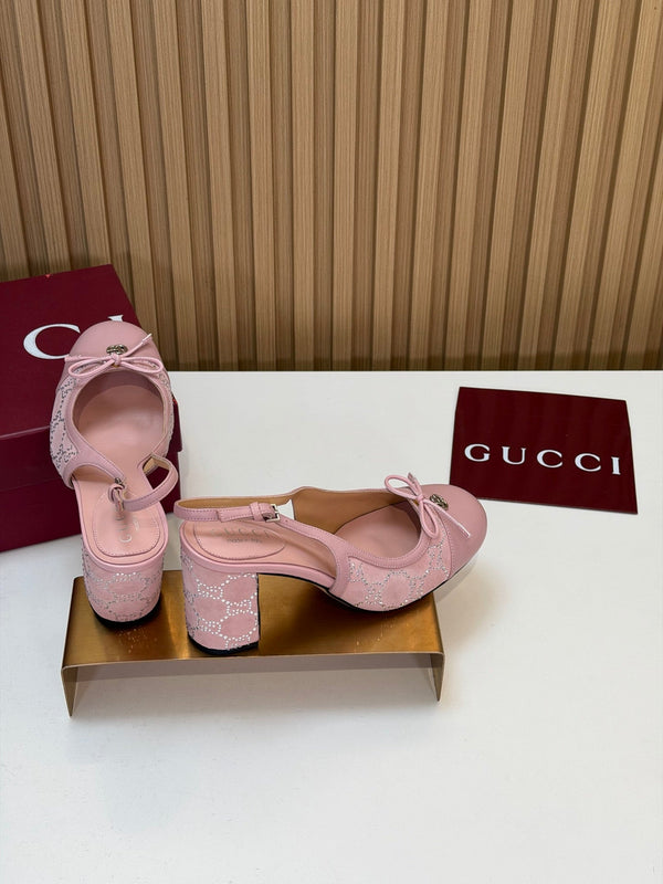 GG 26s Embellished Slingback Pumps 8CM Pink Velvet 997164