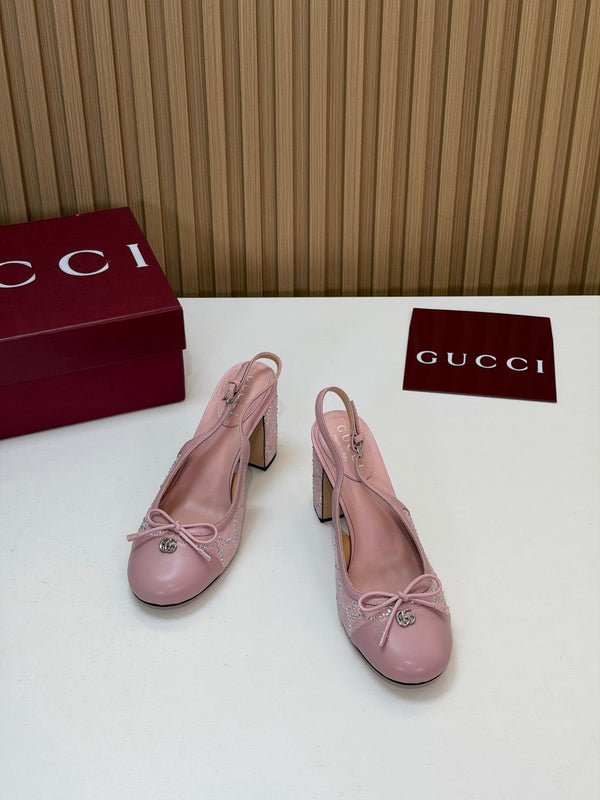 GG 26s Embellished Slingback Pumps 8CM Pink Velvet 997164