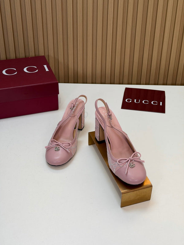 GG 26s Embellished Slingback Pumps 8CM Pink Velvet 997164