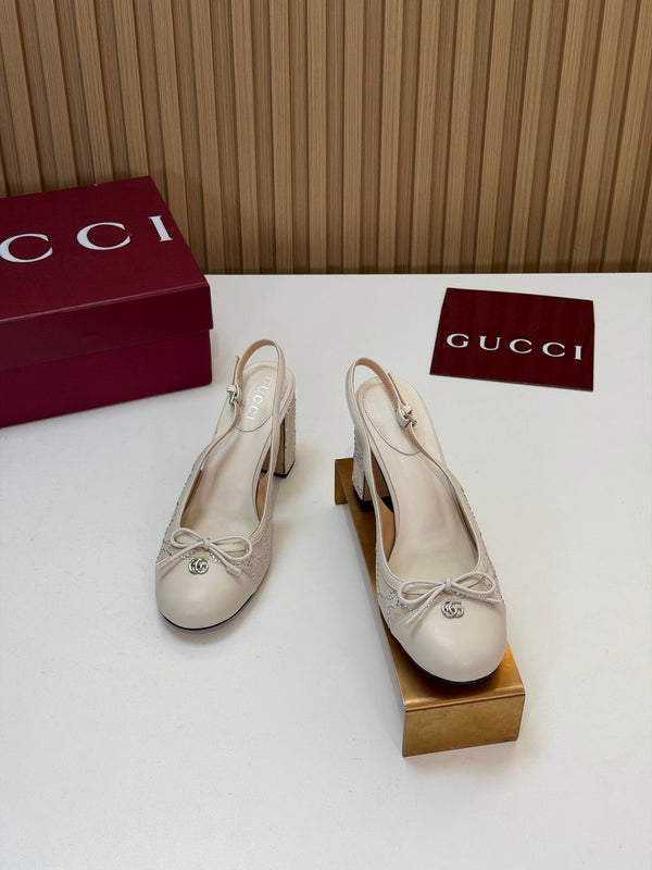GG 26s Embellished Slingback Pumps 8CM Cream Velvet 997165