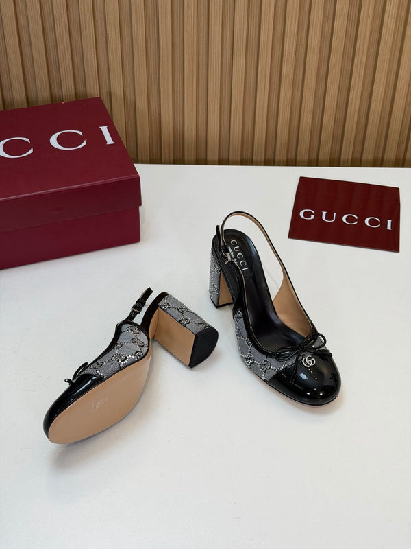 GG 26s Embellished Slingback Pumps 8CM Grey Black Patent Leather 997167