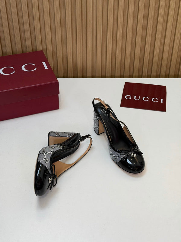 GG 26s Embellished Slingback Pumps 8CM Grey Black Patent Leather 997167