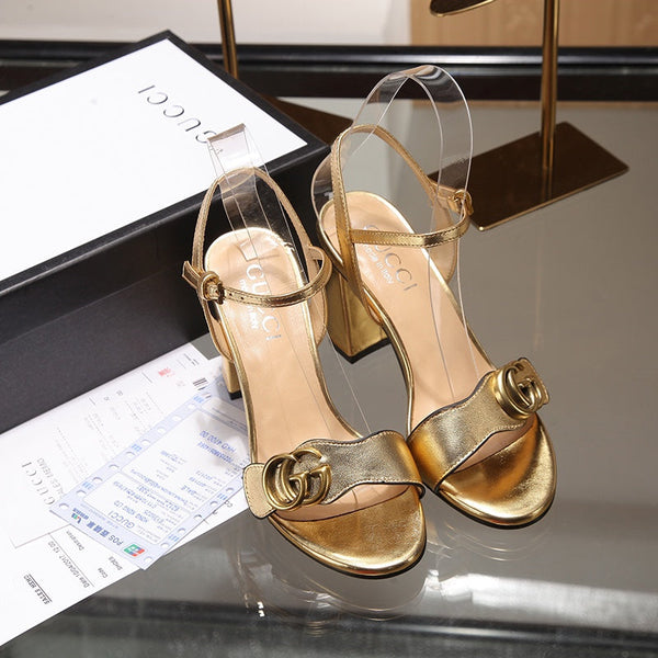 GG Marmont Ankle Strap Sandal 8cm Gold Sheepskin 342566