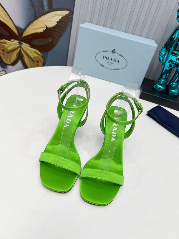 Prad 26s Ankle Strap Sandals Stiletto Heel 80mm In Lime Green Satin