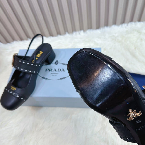 Prad 26s Square Toe Studded Slingback Block Heel 40mm In Black Calfskin