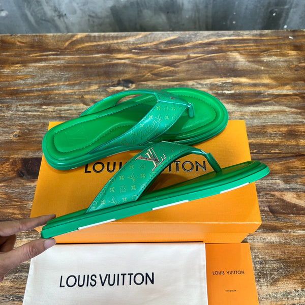 LV THONG SLIPPER IN SHAMROCK GREEN MONOGRAM CALFSKIN