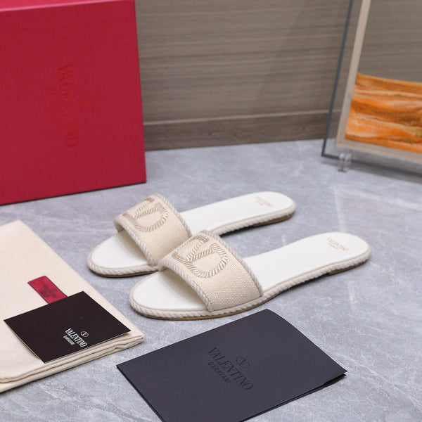 VLTN Torchon Slide Sandal Cream Leather Canvas 941251