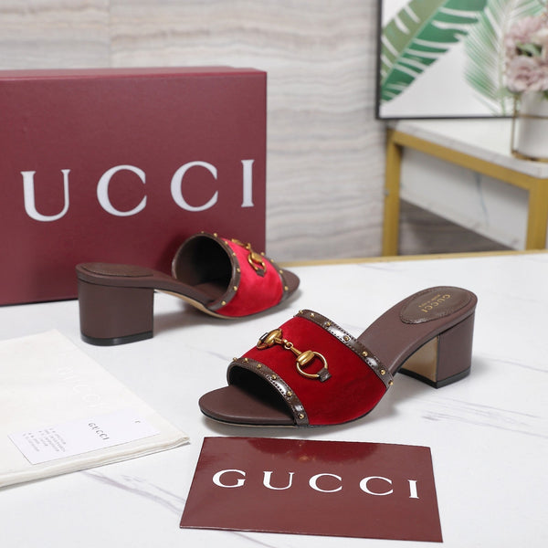 GG 26s Horsebit Mid-Heel Slide Sandal 6.5cm Red Velvet Lambskin 961277
