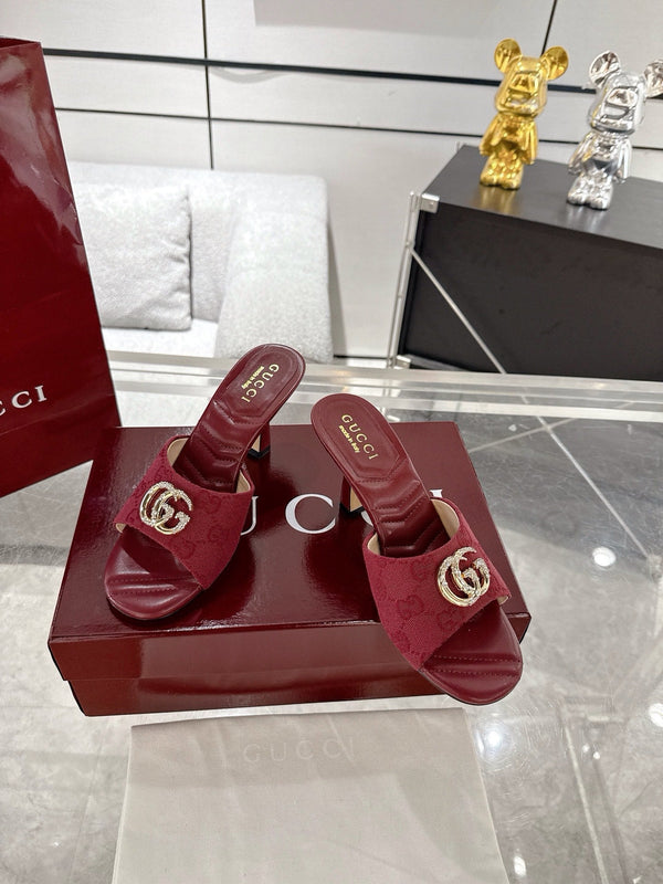 GC 2025 Double G High Heel Sandals Red Canvas Sheepskin 292467