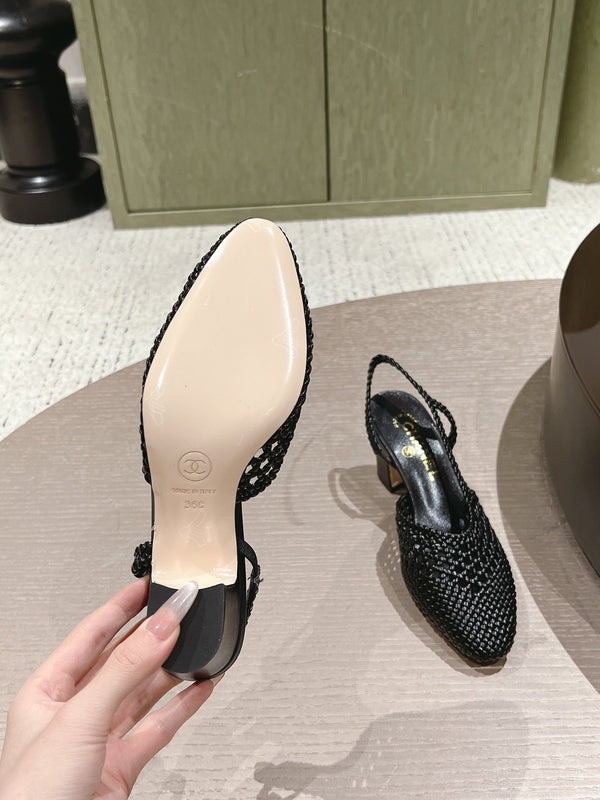 CC 26s Slingback Block Heel Black Woven Sheepskin 762818