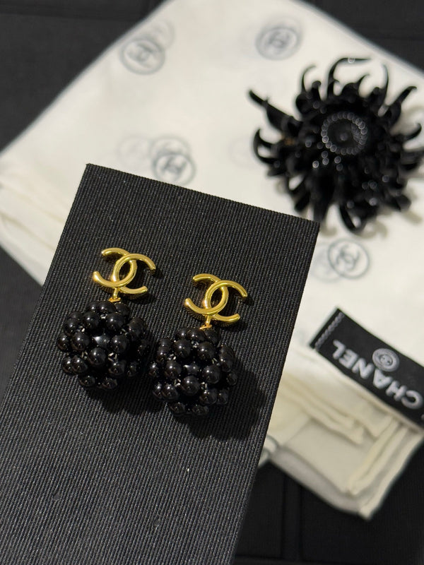 Chanel 2026 Gold Double C Small Black Ball Earrings