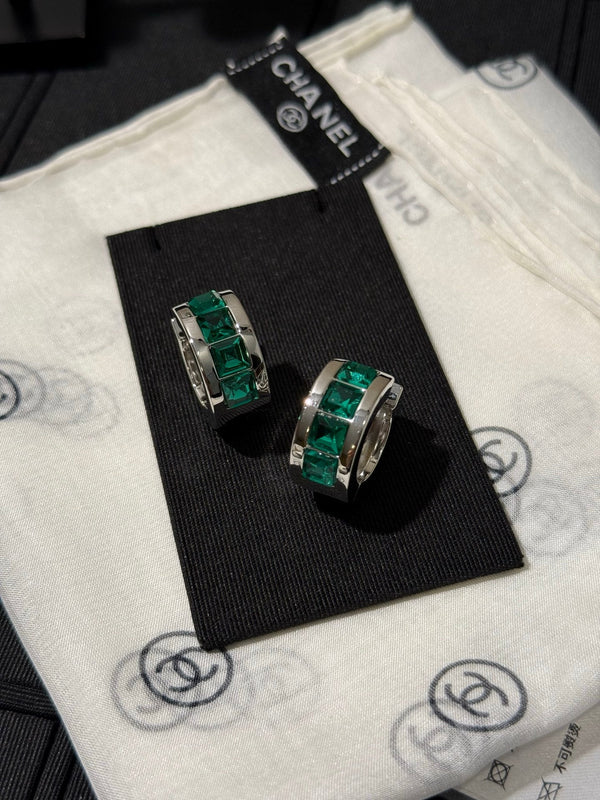 Chanel 2026 Emerald Square Diamond Silver Double C Hoop Earrings Stud Earrings