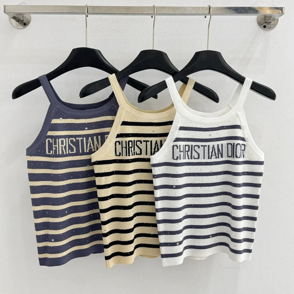 CD 2026 Striped Rhinestone Letter Knit Camisole Wool 455360