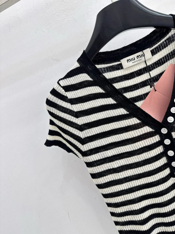 Miu 2026 Half-button Striped Knit Top Black White Wool 521196