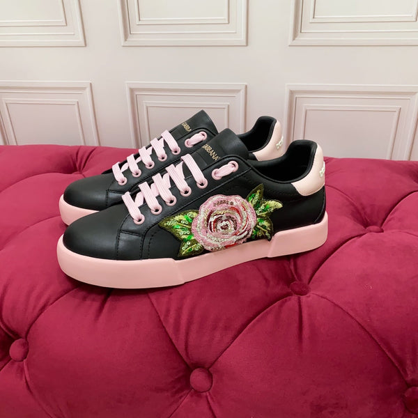 DC 25 Portofino Light Sneakers Black Pink Glitter Floral Pattern & Sheepskin 333870