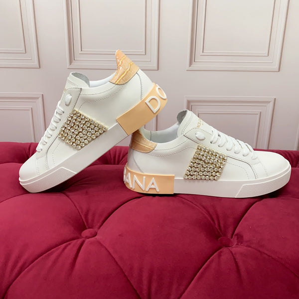 DC 25 Portofino Vintage Sneakers Yellow White Cowhide & Rhinestone Silk 333875