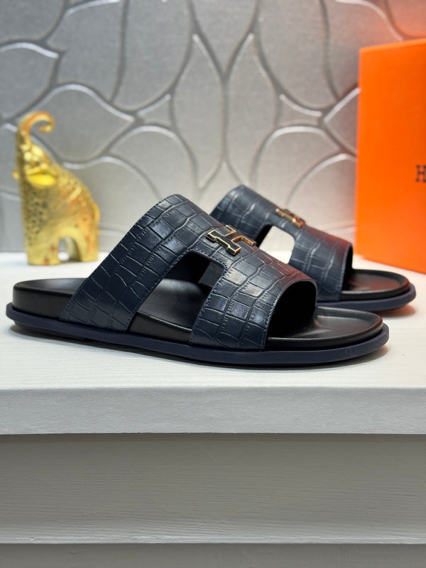 HM Oran H Slippers in Navy Blue Cowhide 735235