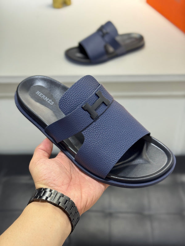 HM Oran H Black Buckle Slippers in Blue Cowhide 735247