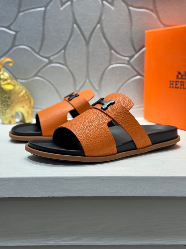 HM Oran H Black Buckle Slippers in Orange Cowhide 735250
