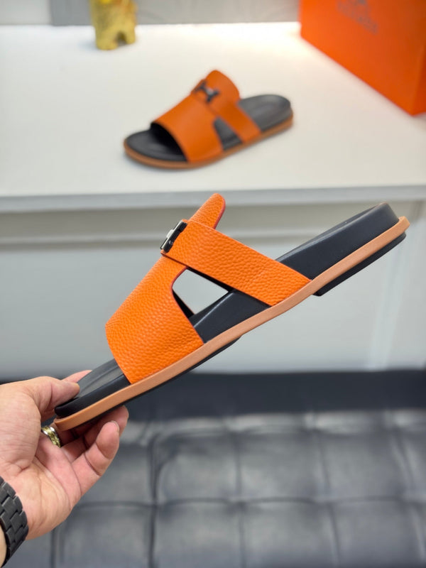 HM Oran H Black Buckle Slippers in Orange Cowhide 735250