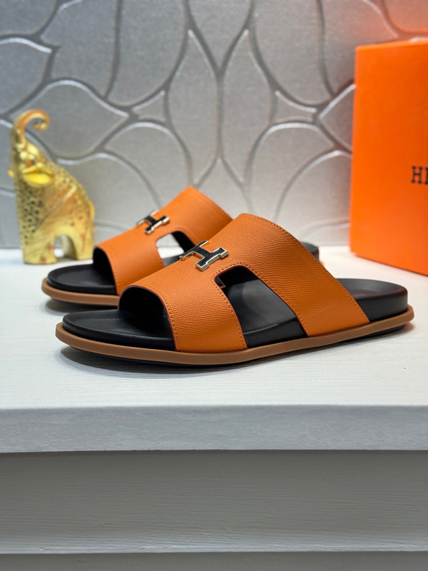 HM Oran H Black Gold Buckle Slippers in Orange Cowhide 735253