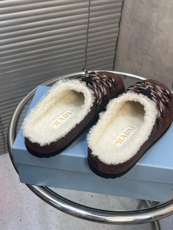 Prad 26s Mules Lace-up Coffe Suede Shearing 952898