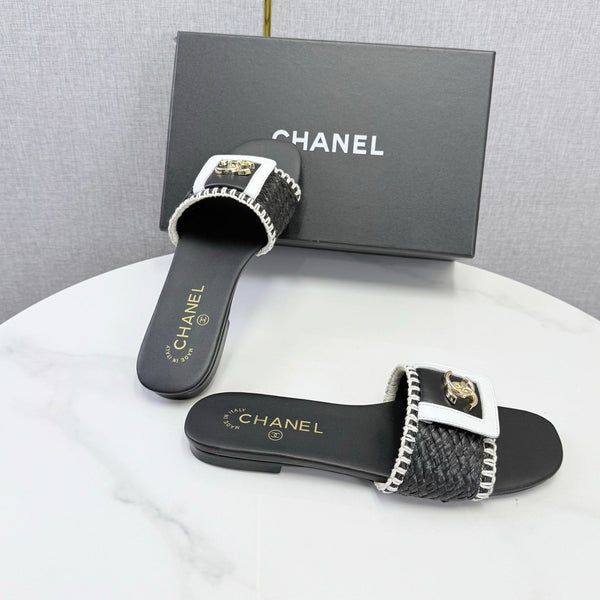 CC 26s Woven Strap Slides Black White Lambskin