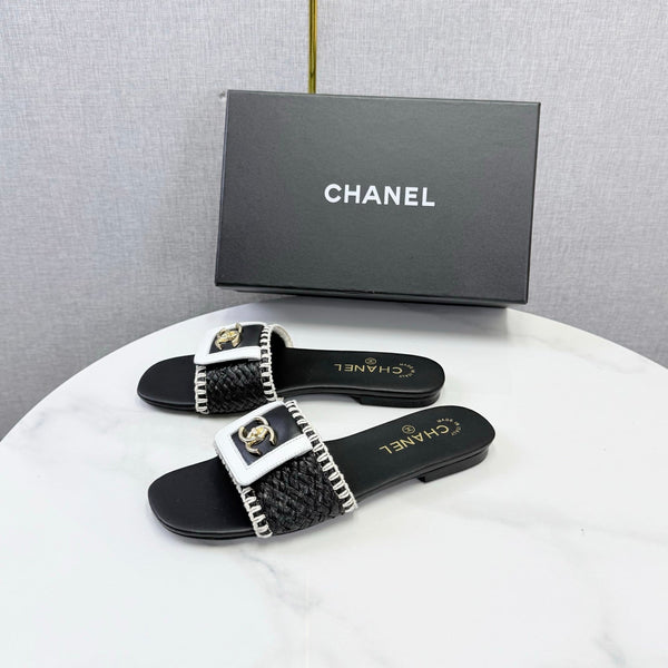 CC 26s Woven Strap Slides Black White Lambskin