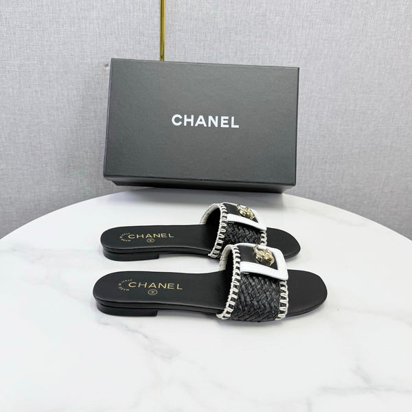 CC 26s Woven Strap Slides Black White Lambskin