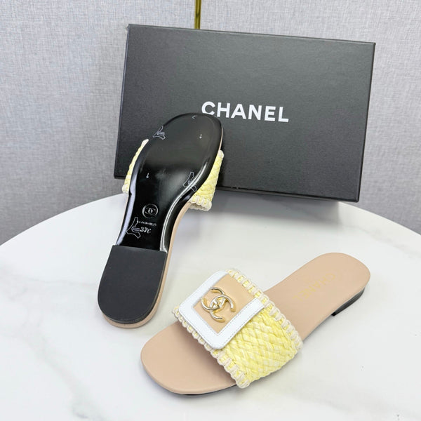 CC 26s Woven Strap Slides Yellow Beige Lambskin