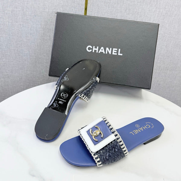 CC 26s Woven Strap Slides Dark Blue Lambskin