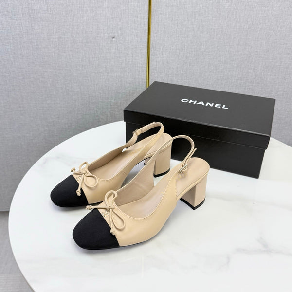 CC 26s Slingback Heels 4.5cm Beige Black Lambskin Fabric